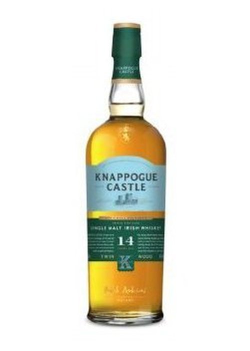 Knappogue Castle 14 Year Old Single Malt Irish Whiskey bottle with amber liquid and green foil neck