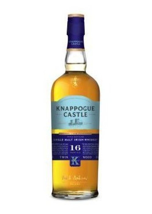 Knappogue Castle 16 Year Old Single Malt Irish Whiskey bottle with blue neck and purple label