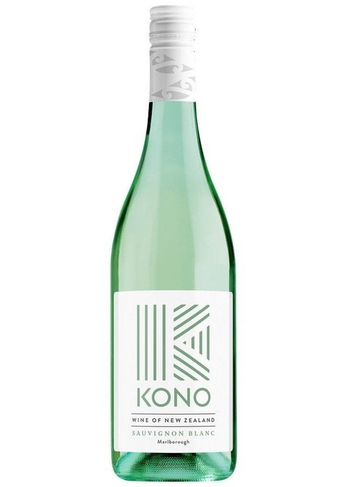 Kono Sauvignon Blanc wine bottle from Marlborough New Zealand with white label and green glass