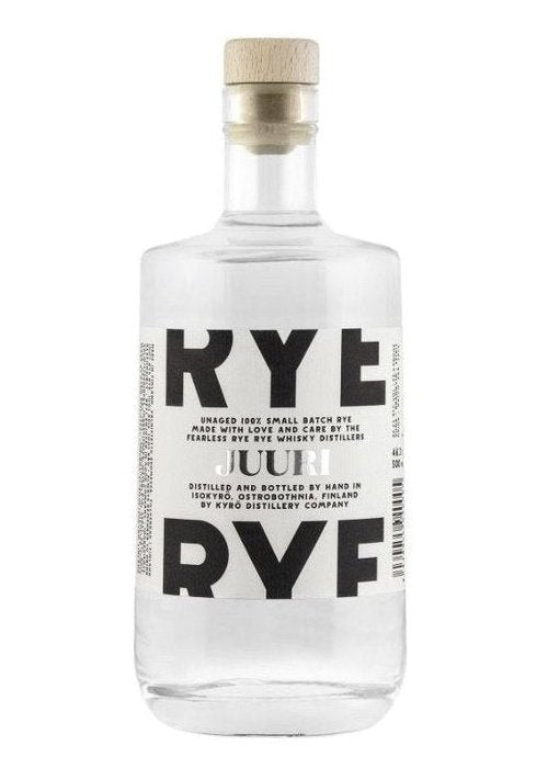 Kyro Juuri unaged rye whisky bottle with cork stopper and white label
