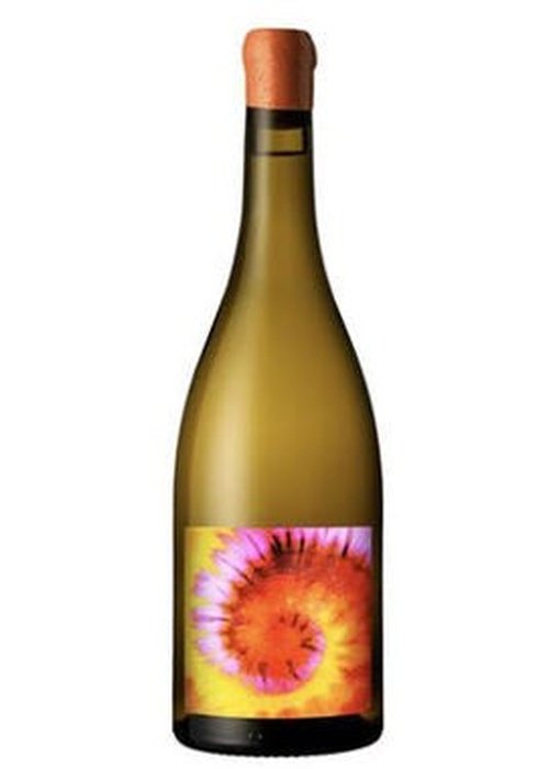 La Fage Taronja De Gris orange wine bottle with amber liquid and colorful spiral label