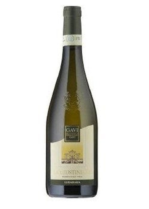 La Giustiniana Gavi Di Gavi Lugarara white wine bottle with cream label and dark green glass