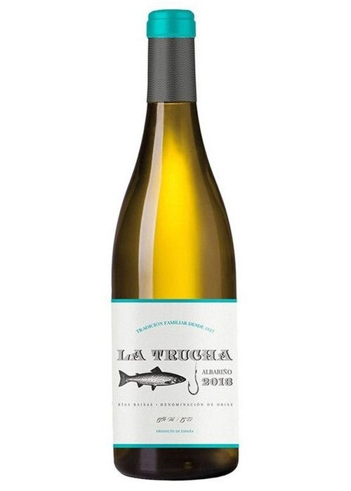 La Trucha Albariño white wine bottle from Spain with fish logo and teal screw cap