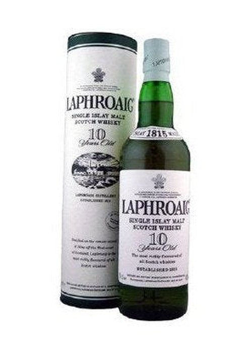 Laphroaig 10 Year Old Single Islay Malt Scotch Whisky bottle with original white tube packaging