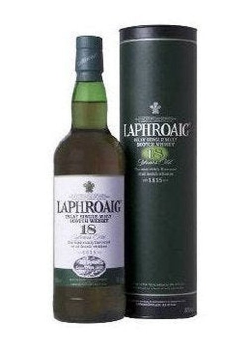 Laphroaig 18 Year Old Single Malt Scotch Whisky bottle with packaging tube