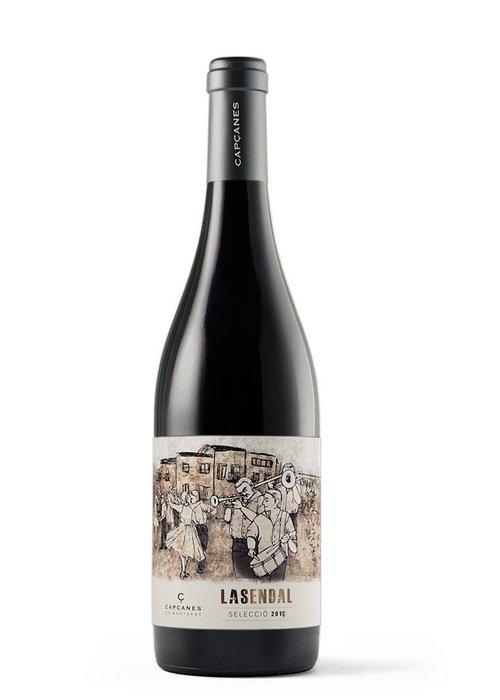 Capcanes Lasendal Seleccio 2016 red wine bottle with cream label and musical illustration