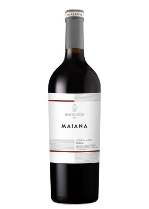 Leone De Castris Maiana Negroamaro 2021 red wine bottle with white label and gray foil