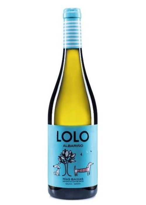 Lo Lo Albarino white wine bottle from Rias Baixas Spain with blue label and tree dog illustration