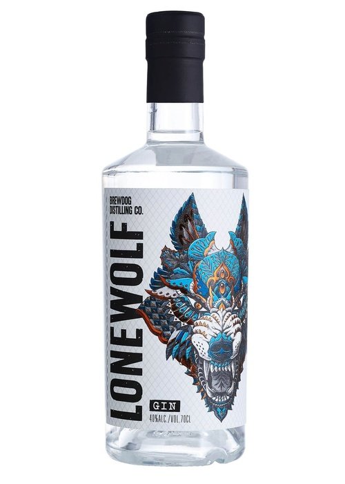 Lone Wolf Gin 700ml bottle with geometric diamond label and wolf illustration