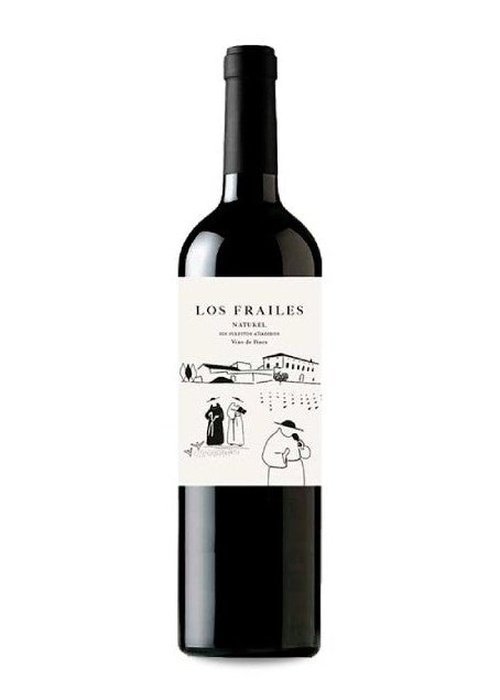 Los Frailes Naturel Spanish red wine bottle with cream label and minimalist rural illustration