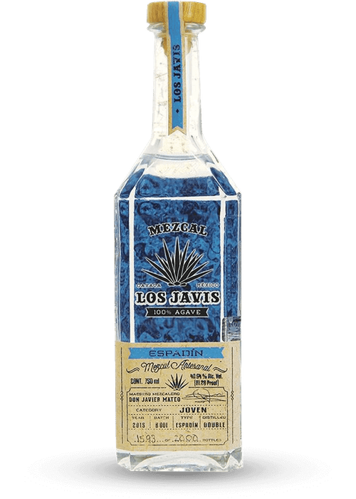 Los Javis Espadin Mezcal 700ml bottle with blue label and cork stopper