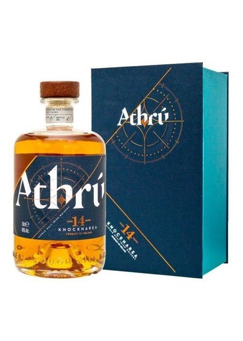 Athrú Knocknarea 14 Year Old Irish single malt whiskey in Oloroso Sherry casks with blue label and gold geometric design