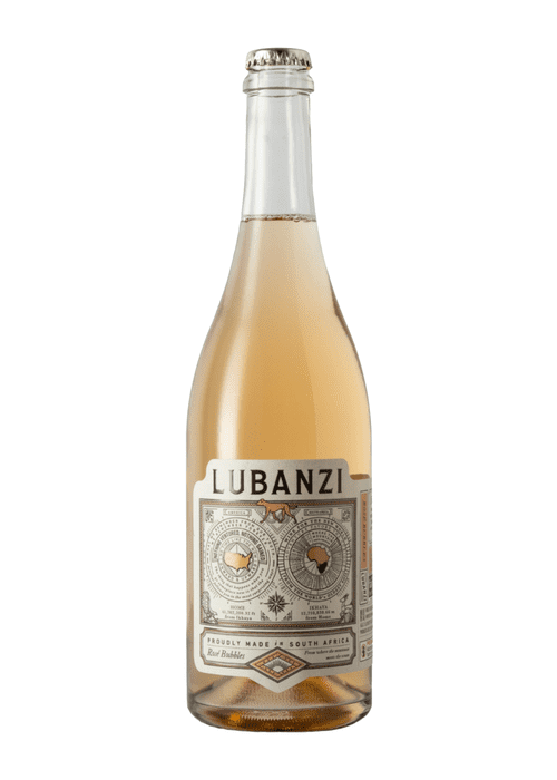 Lubanzi Rose Bubbles sparkling wine bottle with silver crown cap and South Africa label