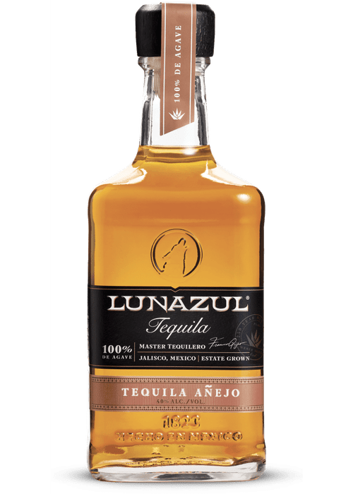 Lunazul Tequila Anejo 700ML bottle with amber liquid and estate grown agave label