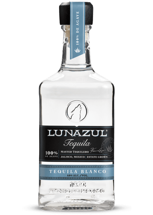 Lunazul Tequila Blanco 700ml bottle with black label and wolf logo