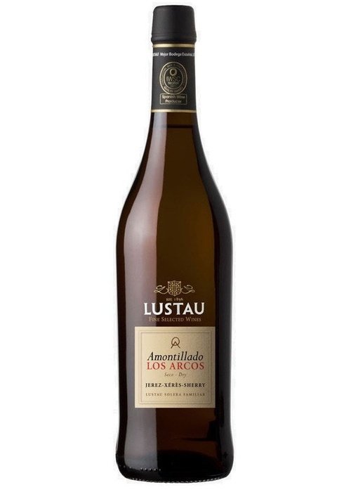 Lustau Los Arcos Amontillado 375ml dry sherry bottle with amber liquid and beige label