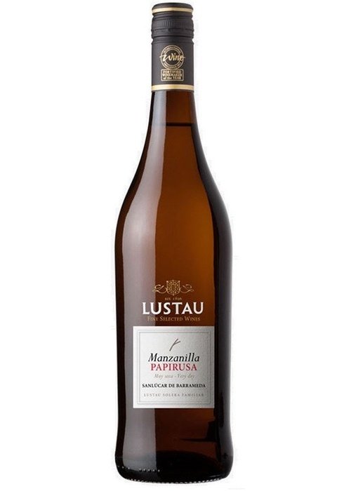 Lustau Manzanilla Papirusa 750ml Spanish sherry bottle with white label and gold accents