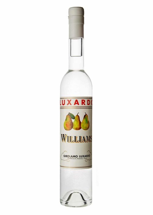 Luxardo Poire William pear liqueur bottle with cream label and red logo
