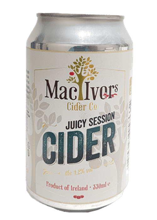 Mac Ivors Juicy Session Cider 330ml silver can with Irish apple label