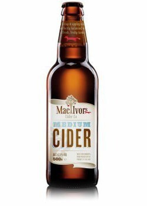 Mac Ivors Medium Cider 500ml brown glass bottle with gold and blue label