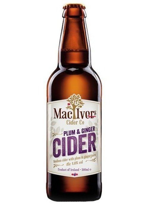 Mac Ivors Plum Ginger Cider 500ml brown glass bottle with white label