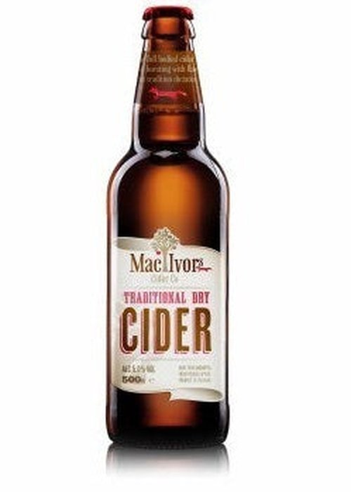 Mac Ivors Traditional Dry Cider 500ml brown glass bottle with red cap and cream label