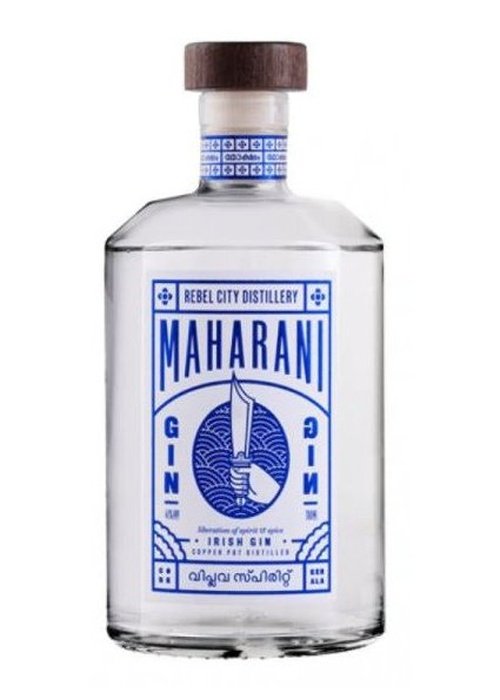 Maharani Irish Gin 700ml bottle with blue white label and wooden cap