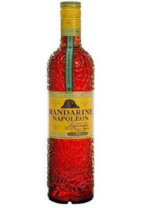 Mandarine Napoleon 700ml red glass liqueur bottle with textured surface and yellow label