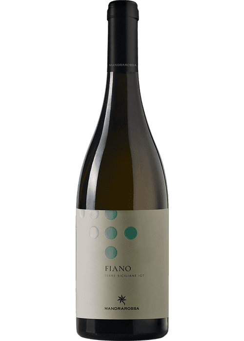 Mandrarossa Fiano white wine bottle with beige label and teal dots