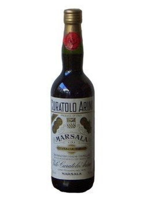 Curatolo Marsala wine bottle with gold foil cap and cream label featuring nut illustrations