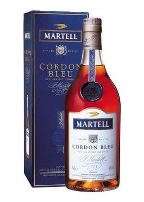 Martell Cordon Bleu cognac bottle with blue box and silver foil neck