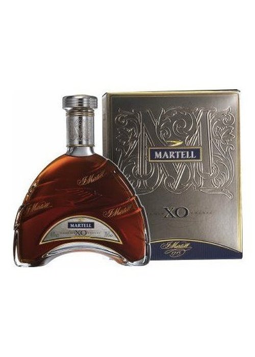 Martell XO 700ml cognac bottle with silver cap and gold label beside ornate silver gift box