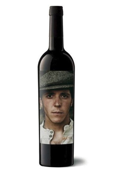 Matsu El Picaro red wine bottle with sepia portrait label