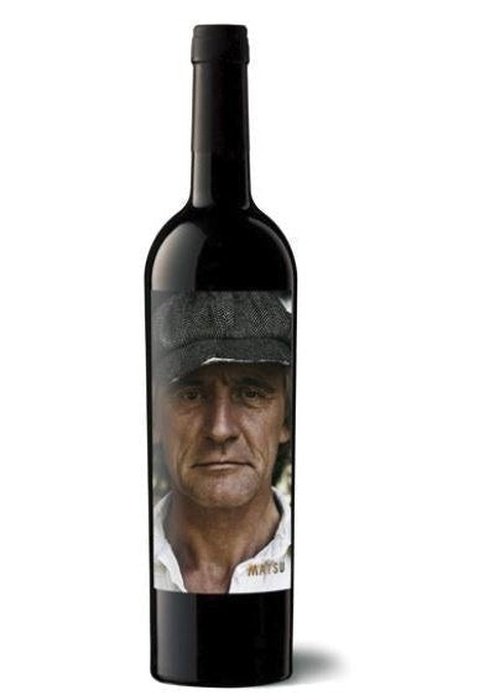 Matsu El Recio red wine bottle with black-and-white portrait label