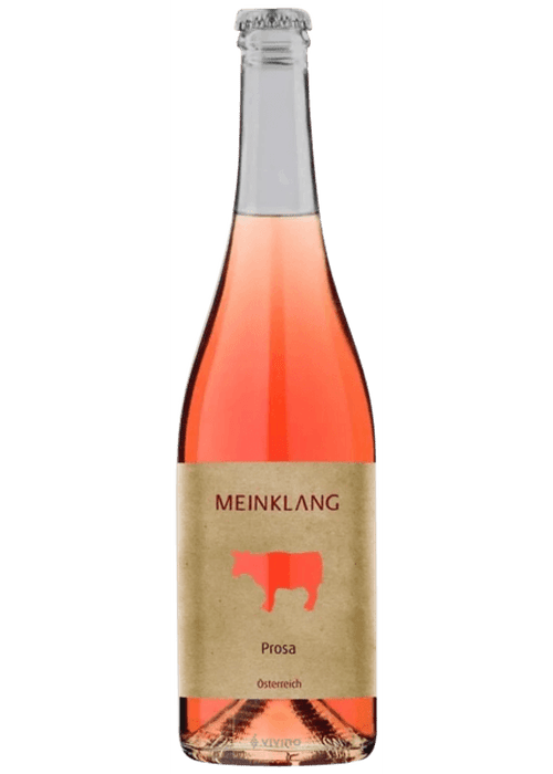 Meinklang Prosa pink pét-nat sparkling wine bottle with kraft label and cow logo