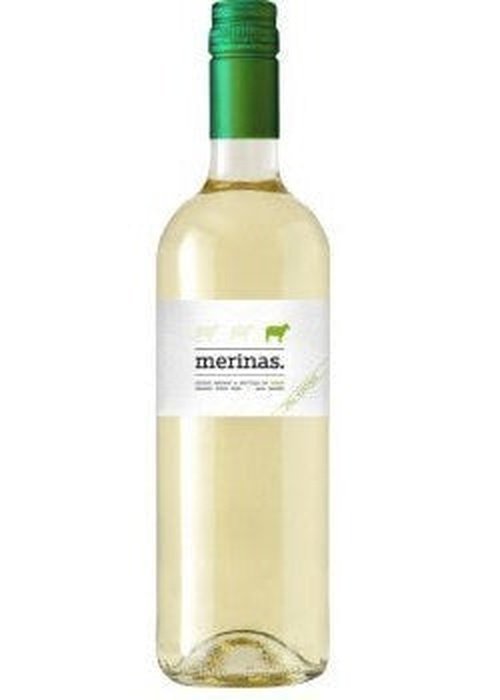 Merinas Verdejo Organic white wine bottle with green screw cap and cow logo