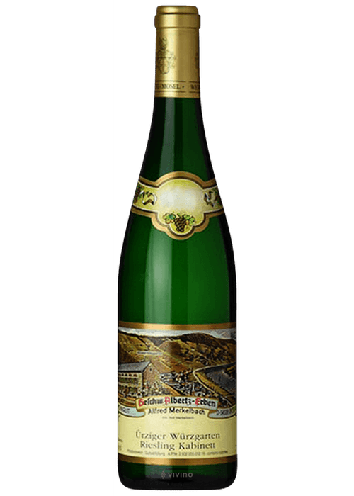 Merkelbach Urziger Wurzgarten Riesling Kabinett white wine bottle with vineyard label