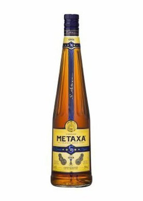 Metaxa 5 Star 700ml Greek brandy bottle with amber liquid and yellow label