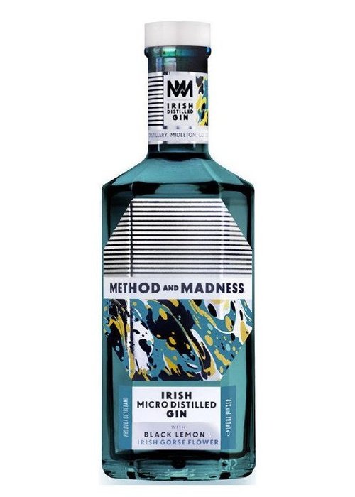 Method & Madness Irish Micro Distilled Gin 700ML bottle with teal glass and black-and-white striped label