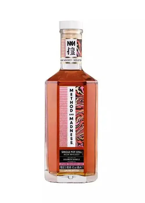 Method & Madness Japanese Cedarwood 700ml Irish Whiskey bottle with amber liquid and colorful label
