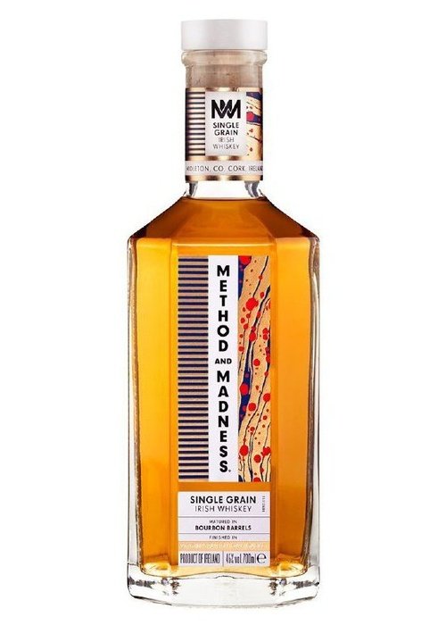 Method & Madness Single Grain Irish Whiskey 700ml bottle with amber liquid and red blue label design