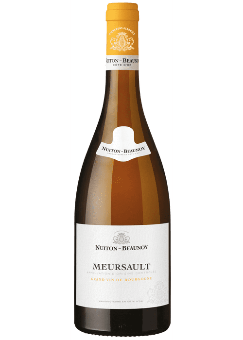 Nuiton-Beaunoy Meursault white wine bottle with golden hue and French label
