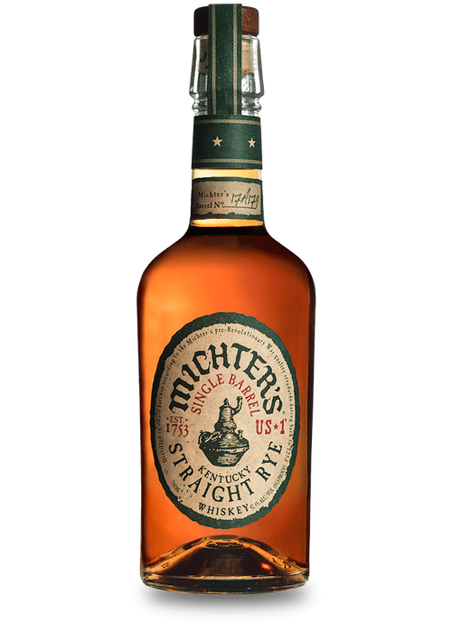 Michters Straight Rye Single Barrel whiskey bottle with green label and cork stopper