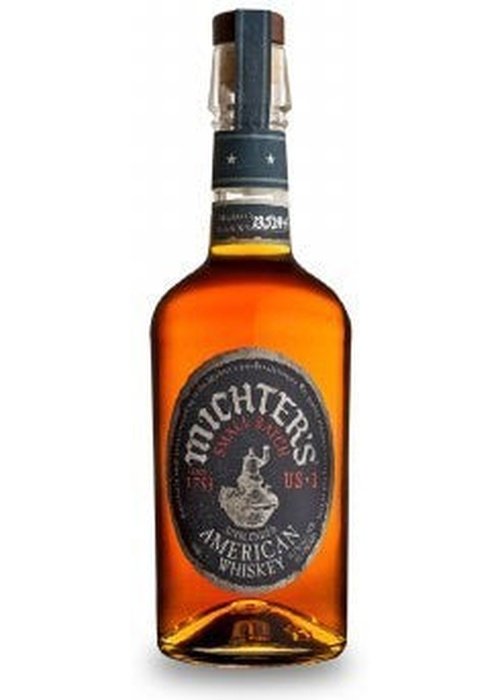 Michter's US-1 Sour Mash Kentucky American Whiskey in clear glass bottle with dark blue neck label