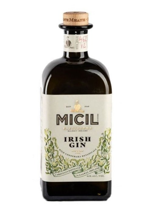 Micil Irish Gin 700ml bottle with cork stopper and Connemara botanical label