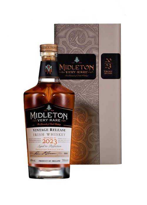 Midleton Very Rare Vintage 2023 Irish Whiskey 700ML bottle with golden amber liquid and black label