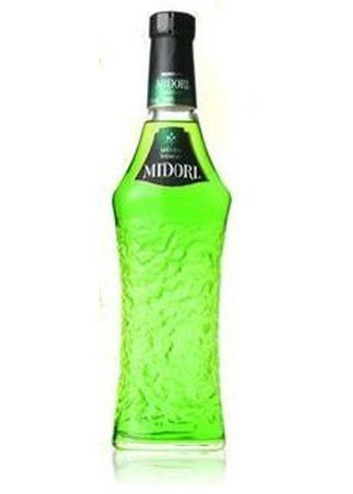 Midori Melon Liqueur 700ml bottle with bright green liquid and embossed glass