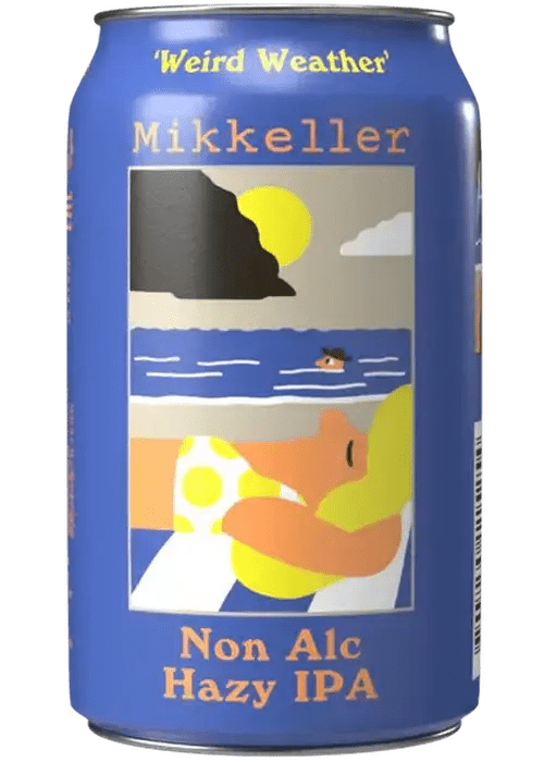 Mikkeller Weird Weather Non-Alcoholic Hazy IPA blue aluminum can with weather illustration