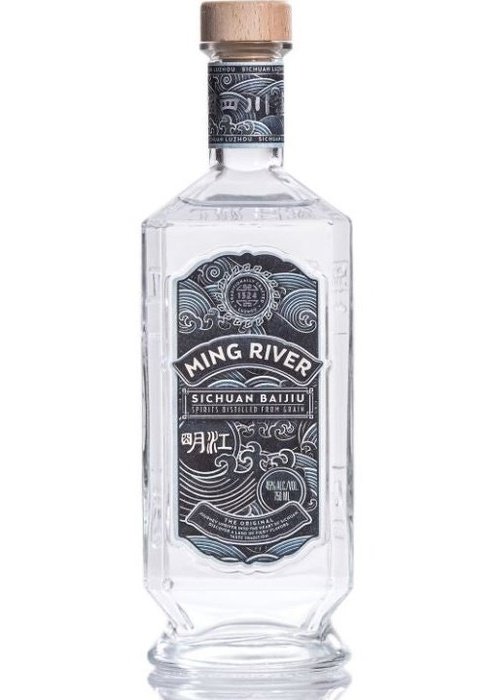 Ming River Sichuan Baijiu 700ml clear glass bottle with wooden stopper and blue wave label