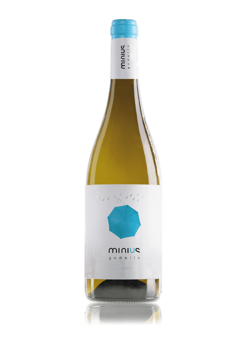 Minius Godello white wine bottle with blue umbrella label